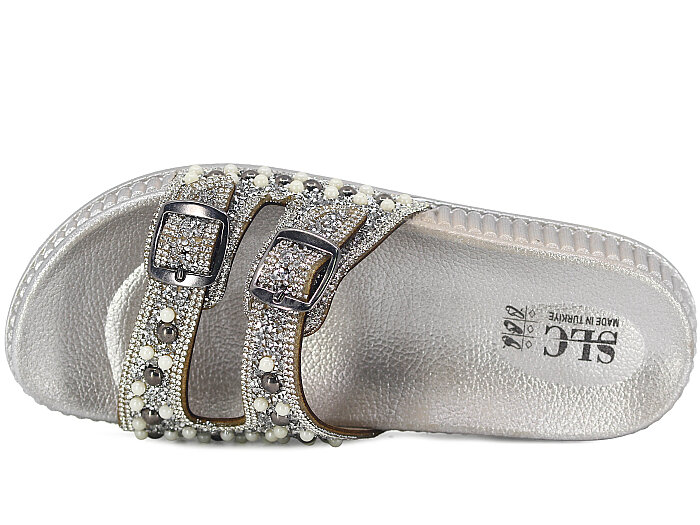 SLC Zenne 8505 Çift Toka İnci Taşlı Kutulu Günlük Terlik Gümüş - SLC (1)