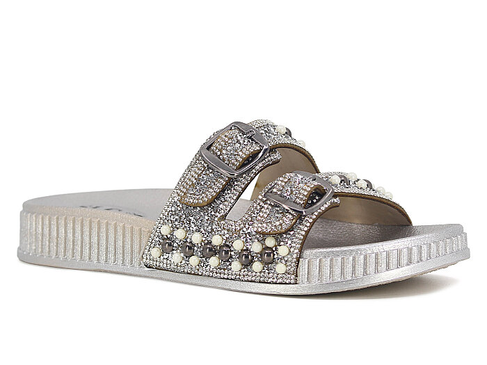 SLC Zenne 8505 Çift Toka İnci Taşlı Kutulu Günlük Terlik Gümüş - SLC