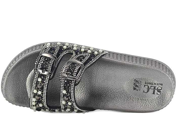 SLC Zenne 8505 Çift Toka İnci Taşlı Kutulu Günlük Terlik Platin - 2