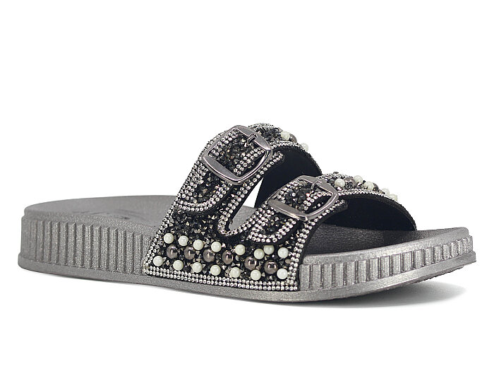 SLC Zenne 8505 Çift Toka İnci Taşlı Kutulu Günlük Terlik Platin - 1