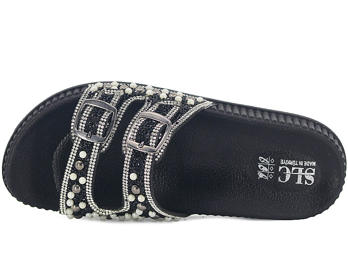 SLC Zenne 8505 Çift Toka İnci Taşlı Kutulu Günlük Terlik Siyah - 2