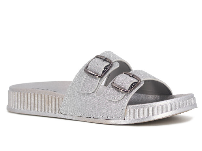 SLC Zenne 8532 Çift Toka Simli Kutulu Günlük Terlik Gümüş - SLC