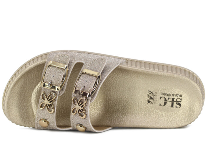 SLC Zenne 8535 Çift Toka Simli Kelebekli Kutulu Günlük Terlik Altın - 2