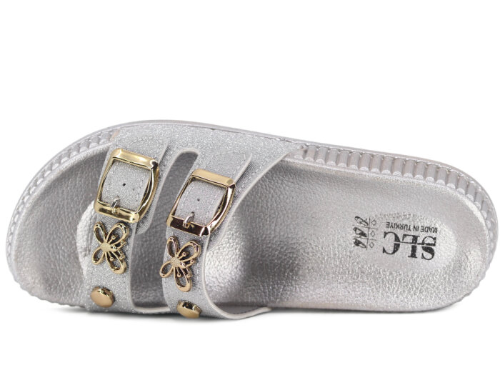 SLC Zenne 8535 Çift Toka Simli Kelebekli Kutulu Günlük Terlik Gümüş - 2