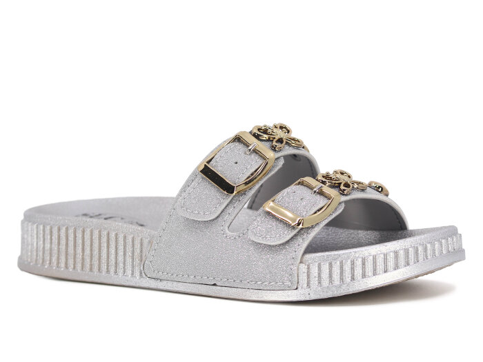 SLC Zenne 8535 Çift Toka Simli Kelebekli Kutulu Günlük Terlik Gümüş 