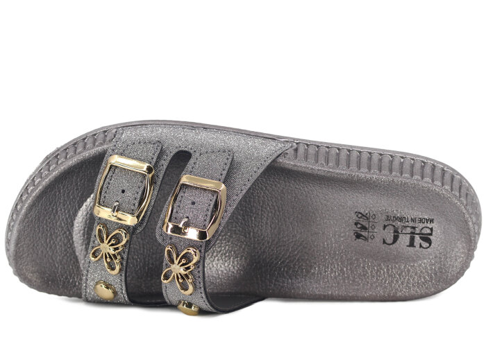 SLC Zenne 8535 Çift Toka Simli Kelebekli Kutulu Günlük Terlik Platin - SLC (1)