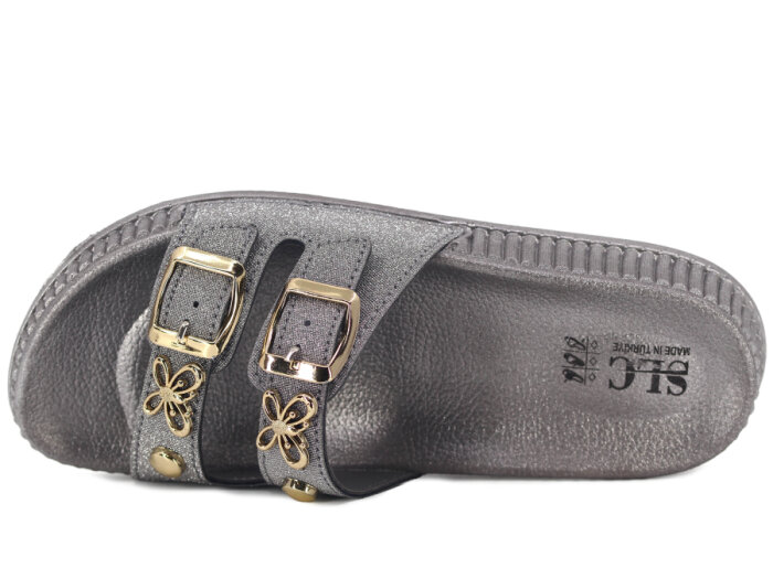 SLC Zenne 8535 Çift Toka Simli Kelebekli Kutulu Günlük Terlik Platin - 2