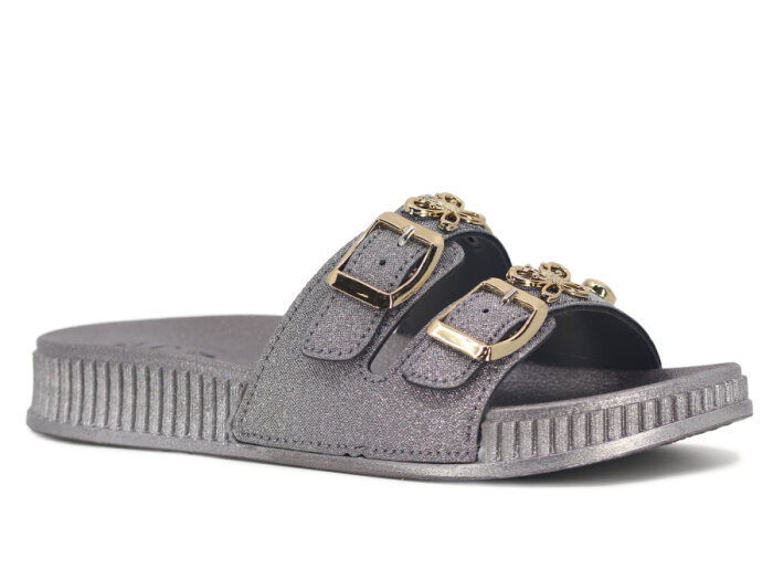 SLC Zenne 8535 Çift Toka Simli Kelebekli Kutulu Günlük Terlik Platin - 1