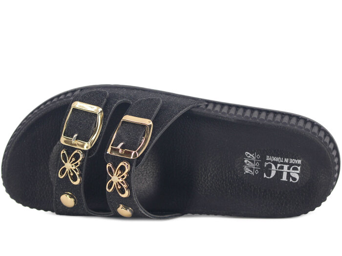 SLC Zenne 8535 Çift Toka Simli Kelebekli Kutulu Günlük Terlik Siyah - SLC (1)