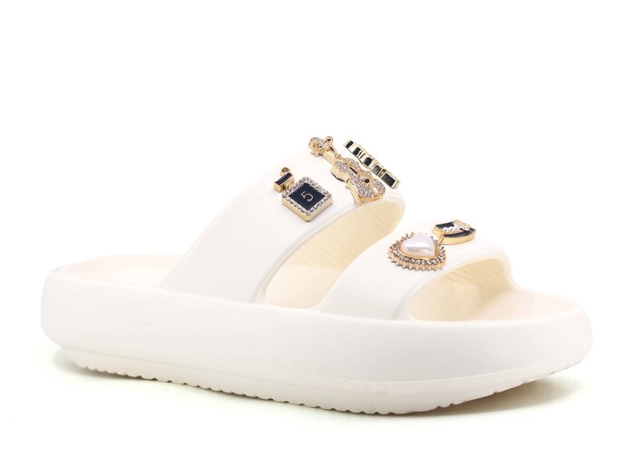 Sonimix Zenne EZ0170.01 Eva Çift Bantlı Taşlı Terlik Lux Eva Terlik Krem - Sonimix