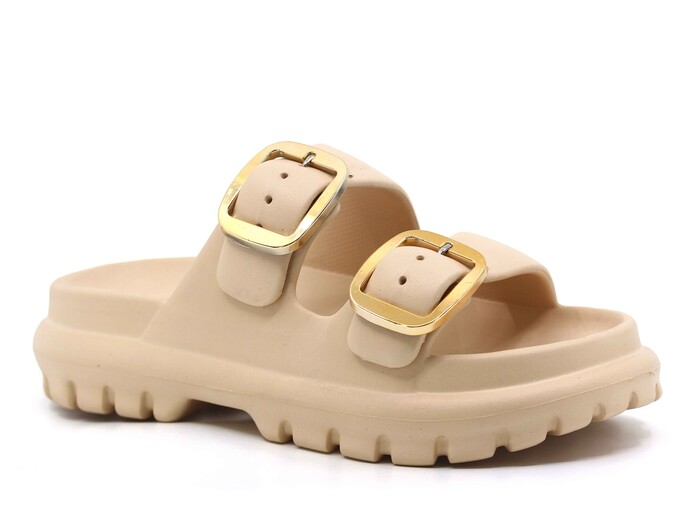 Sonimix Zenne EZ0173.02 Yeni Altın Büyük Çift Tokalı Lux Eva Terlik Bej - Sonimix