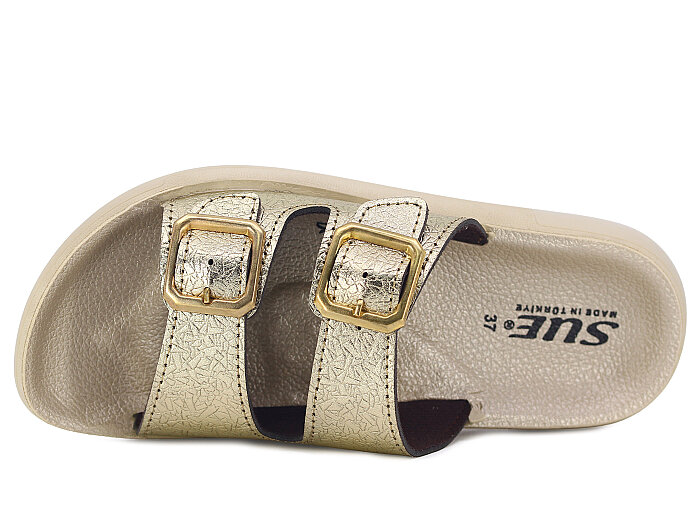 Sue Zenne 1353-Kap.Deri Çift Toka Enj.Kutulu Günlük Terlik Altın - 2
