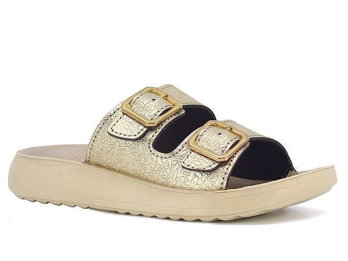 Sue Zenne 1353-Kap.Deri Çift Toka Enj.Kutulu Günlük Terlik Altın - Sue
