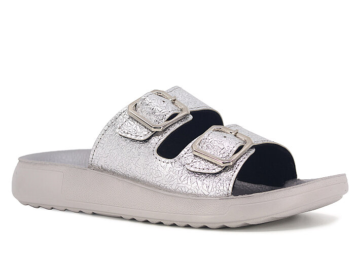 Sue Zenne 1353-Kap.Deri Çift Toka Enj.Kutulu Günlük Terlik Gümüş - 1