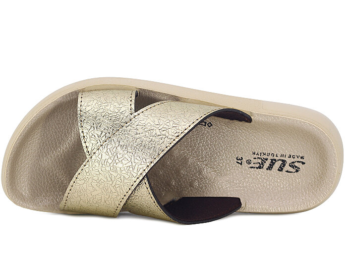 Sue Zenne 1354-Kap.Deri Çapraz Kutulu Enj. Günlük Terlik Altın - 2