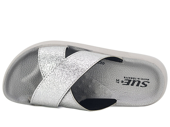 Sue Zenne 1354-Kap.Deri Çapraz Kutulu Enj. Günlük Terlik Gümüş - 2