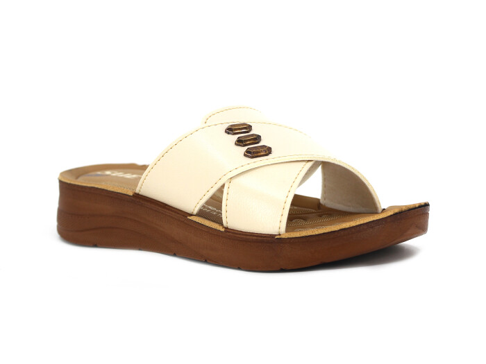 Sue Zenne 1454 Parçalı Üç Demir Tokalı Pedli Günlük Terlik Bej - Sue