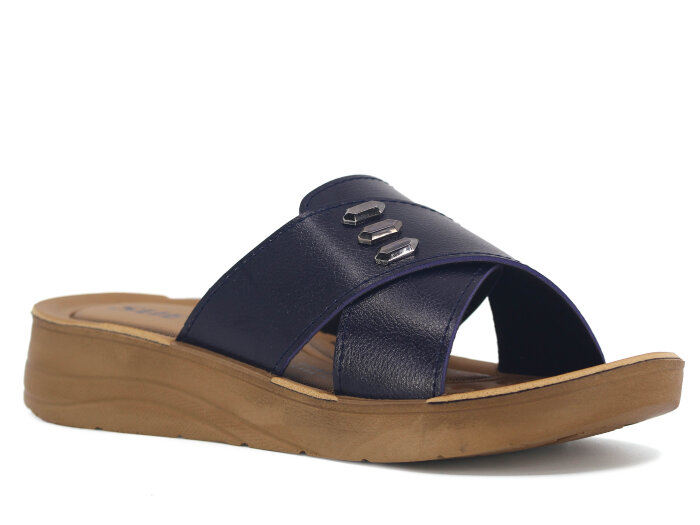 Sue Zenne 1454 Parçalı Üç Demir Tokalı Pedli Günlük Terlik Lacivert - Sue