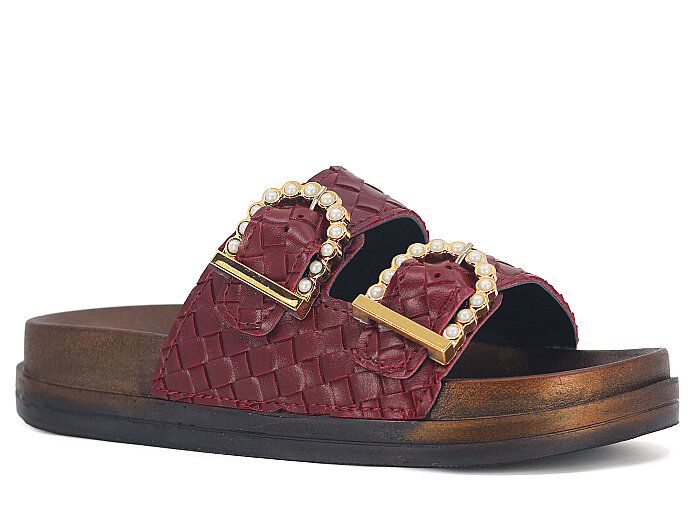 Vitali Zenne Toya Hasır Çift Toka Kutulu Günlük Terlik Bordo - Vitali