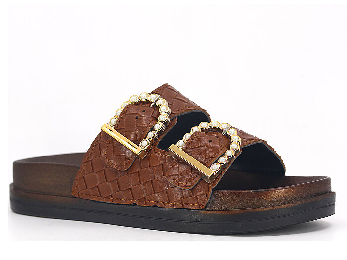 Vitali Zenne Toya Hasır Çift Toka Kutulu Günlük Terlik Taba - Vitali