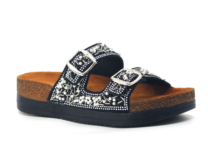 Witta Zenne 55303 Taşlı Çift Toka Günlük Terlik Siyah 